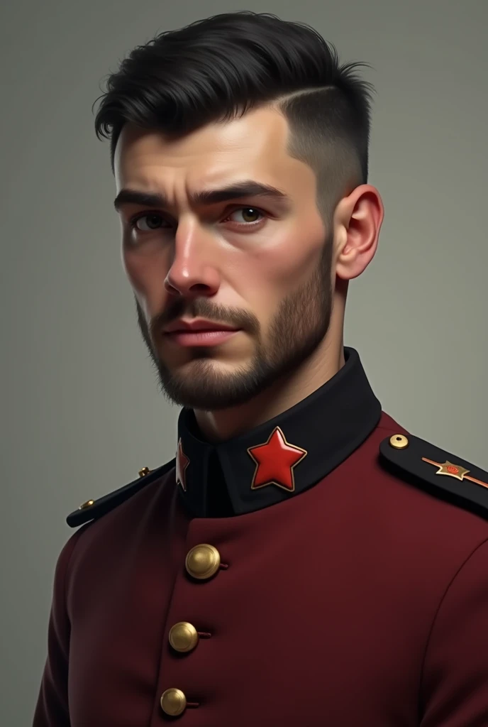 portrait, man, black shield and hair, short haircut, unshaven man, man has a small beard, man is 25 years old, communist, in a jacket, burgundy jacket, small badge, badge with a red star, Slavic appearance