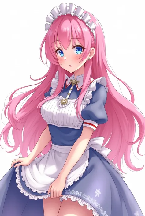 Maid cafe maid with long pink hair and blue eyes, age range between 18 and 26 years, With a sensual expression, a completely 2D anime style design, with bright pastel colors on a white background 