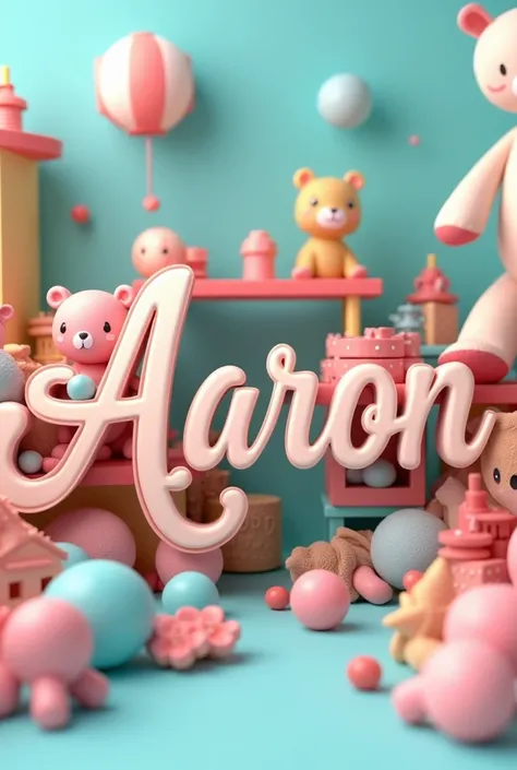 Image with the name Aaron in cursive letters with a background of baby toys and 3D art