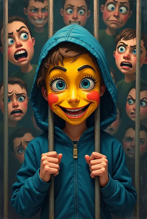 boy with a happy mask and half of the fence taking it off behind fences like a thread hanging from sad faces crying angry with anxiety fear laziness 
