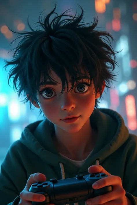 Create a non-realistic character of an 18-year-old boy who likes to play video games, messy hair, black eyes, dark skin