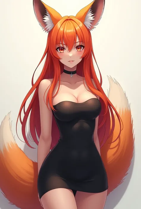 Create an image of an anthropomorphic fox the same size as an 18 year old human with long hair and a black miniskirt like a 2D anime with big breasts 