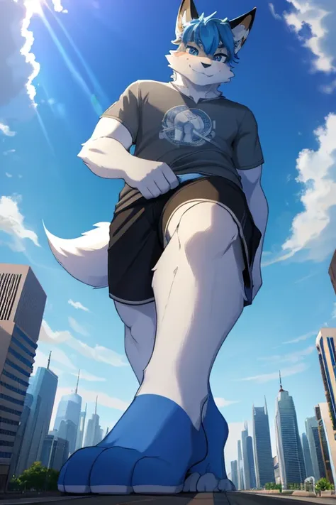 furry, furry male, 1boy, male, fox, anthro, anthropomorphic, white body, blue eyelue arms, blue legs:1.4), blue hair, smile, UHD, masterpiece, 4K, gray t-shirt, black shorts, giant, giga giant, macro, (GTSGiga, cityscape,  sprawl:1.4), walking