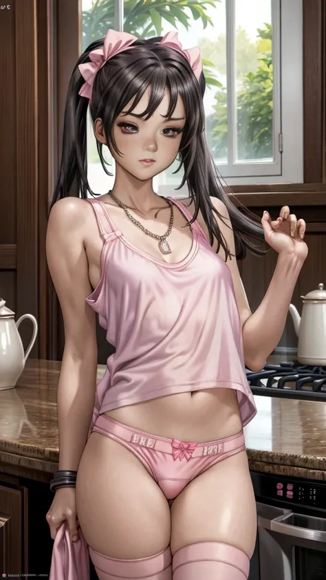 masterpiece, high detailed picture, high quality picture, 16k, 1 girl, wearing very small pink pajama shorts and pajama tank top, pink thighhighs, leaning against a kitchen counter, long black hair, two thin pigtails, necklaces, bracelets, looking straight...