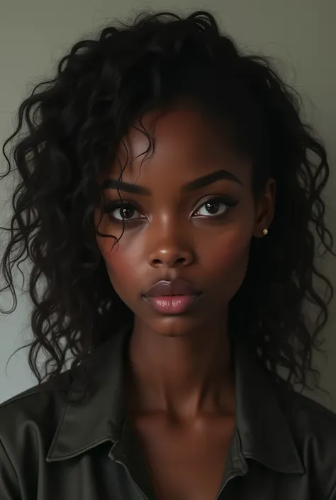 Black woman with very small, light brown eyes, large nose, medium mouth, dark circles and bags of fat under the eyes and long curly hair