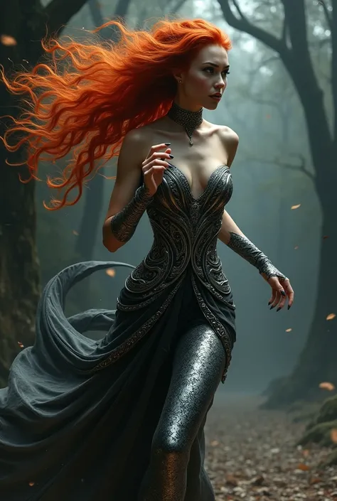 redhead snake woman running backwards,with red and black silver dress and chrome silver,mystical background with dark shadows,full body d