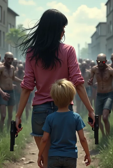 Create a woman in a pink blouse and denim shorts with long black hair loose with bangs and guns in her hands, protecting your 3 year old son, blue T-shirt, blond hair a little voluminous, are facing away looking at a bunch of zombies, Estilo The last of Us