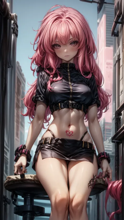 a young woman with long pink hair, tattooed body, wearing a mini skirt and white crop top, subtle view of her butt in full body shot, detailed face and eyes, intricate tattoo designs, cinematic lighting, photorealistic, 8k, hyper detailed