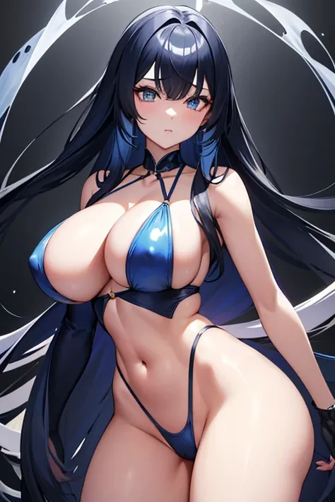 Large, slightly slanted eyes,Blue long hair、Tied around the back of the neck、Sideburns are long,Bigger breasts、Thin waist、Butt so-so、Long, slender legs,Swimwear、Shiny enamel-like material,High leg one piece style、 middle（From the lower breast area to the n...