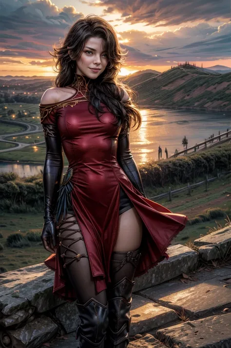 (masterpiece, best quality:1.2), cowboy shot, solo, 1girl, cinder fall, smiling, looking at viewer, long hair,  red dress, elbow gloves, pantyhose, standing on hillside, overlooking burning city, (volumetric lighting), sharp focus, hyper detailed 