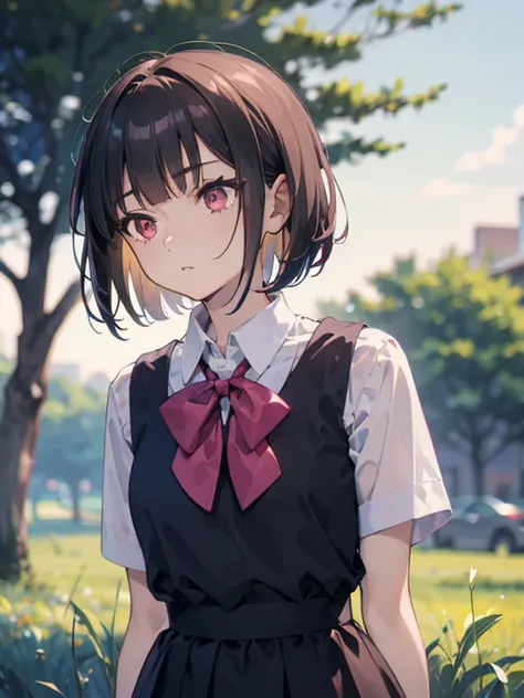 onasaiyuki, 1girl, solo, shirt, skirt, upper body, white shirt, short sleeves, short hair, closed mouth, bangs, collared shirt, black hair, black skirt, expressionless, brown hair, brown eyes, school uniform, outdoors, arms at sides, bow, medium hair, arti...