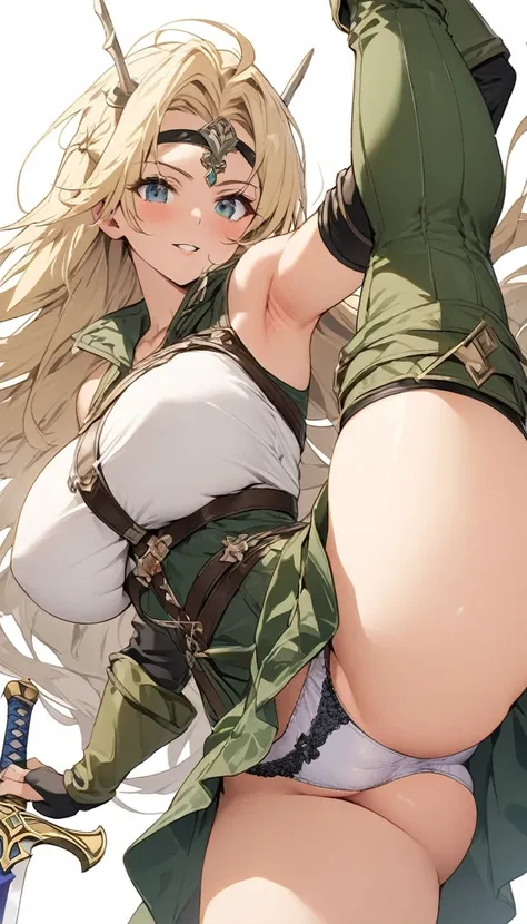 Ultra-high definition image quality、beautiful girl、Female Swordsman、Light Armor、Green Boots、Long Hair、blonde、20-year-old、have confidence々face、Very short tight skirt、Sexy stance、Cowgirl、wilderness、Highest quality,Big Ass、Big Breasts、Thighs、Grasping the hilt...