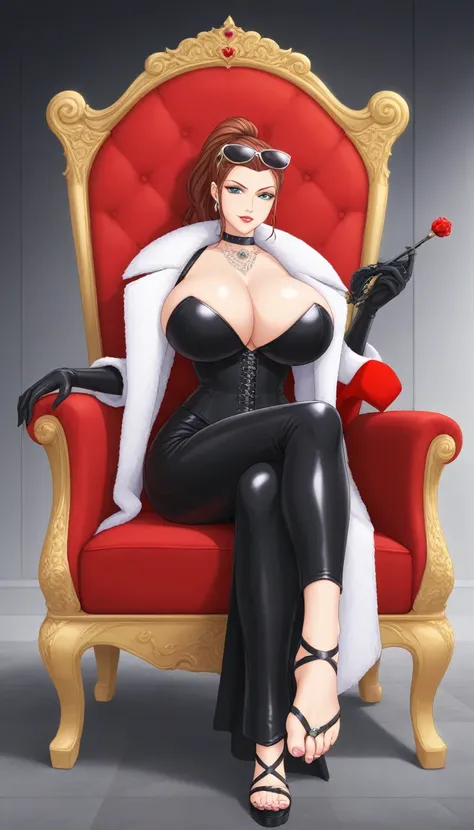 1 ponytail mistress, dominatrix girl with gigantic huge breast, upper class, luxury, triad female leader, rich, glamour, sunglasses at top of her head, Known for her impeccable fashion sense and elegant demeanor, she is a true embodiment of the Versace bra...