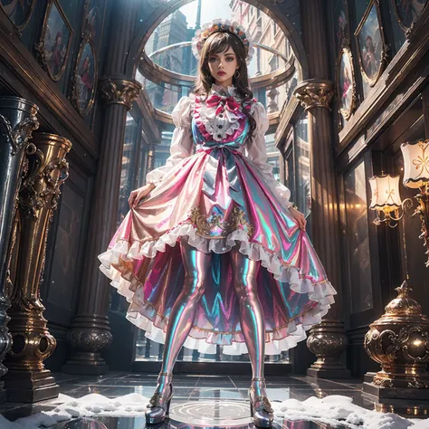 Model figure, long-legged woman, A woman in a luxurious and elaborate lolita dress, wearing lolita mary jane shoes with ornate details, patterned tights, (Glossy Reflecting collection), (Glossy Reflecting collection), (Oily shiny)), (Metallic clothes), (Me...