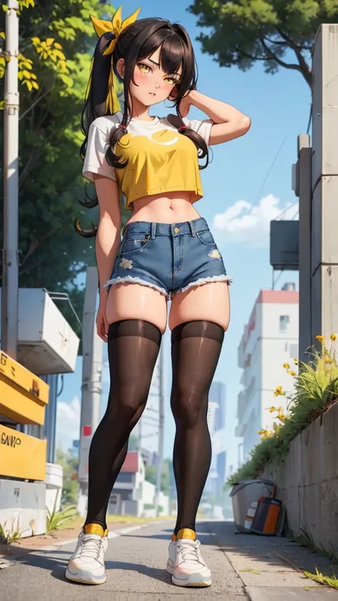 1girl, solo, long hair, breasts, looking at viewer, blush, bangs, shirt, twintails, very long hair, hair ribbon, (yellow eyes:1.3), low twintails, thighhighs, navel, closed mouth, standing, full body, white shirt, short sleeves, thighs, outdoors, shoes, sh...