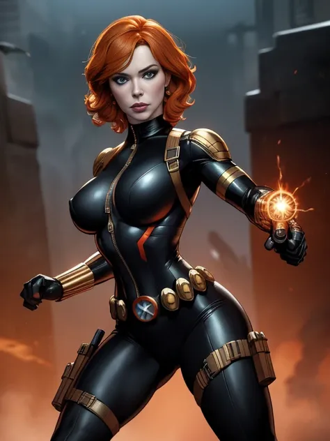 Christina Hendricks as the character Natasha Romanoff/Black Widow from the Marvel Cinematic Universe, 48 years old, short wavy hairstyle, orange hair color, big breasts. In tight black leather suit, metallic armlets, gun holsters and metallic utility belt....