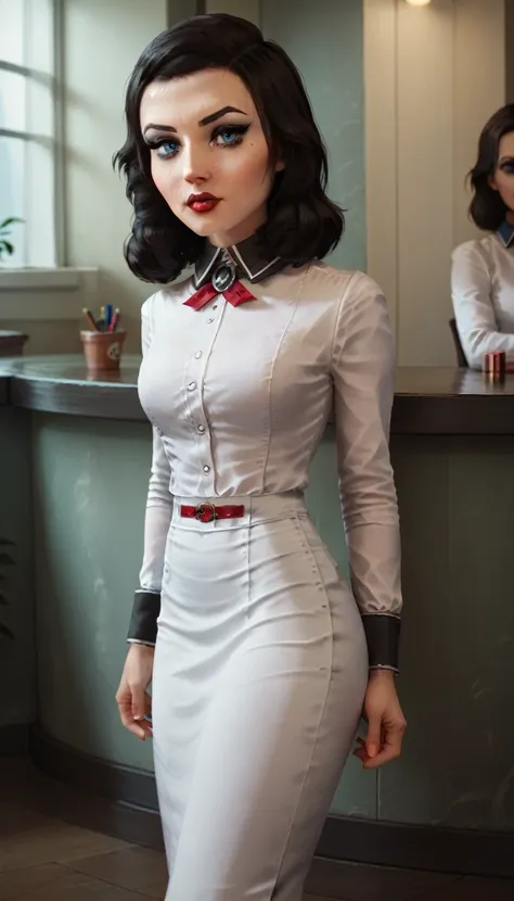 3l1z4b3th_bas, black hair, blue eyes, white shirt, pencil skirt, red lipstick, makeup, pantyhose