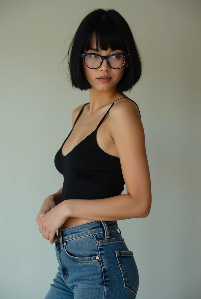 Sexy tight jeans girl with nice face shapes black hair bob cut with glasses big breasts 