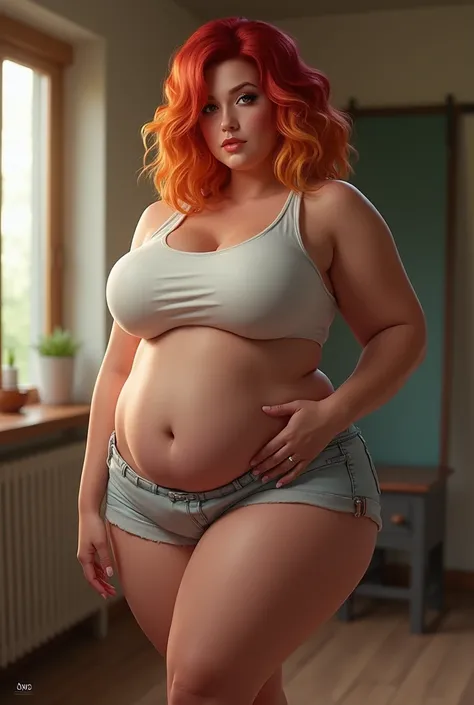 photorealistic, High resolution, 1woman, caucasian, Alone, BBW, voluptuous, thick Wide hips, fat belly, big breasts, (detailed face), red and orange hair color, (busty), Whole body angle, thick thighs , Shorts, tank top, short wavy hairstyle, Wide hips, Wh...