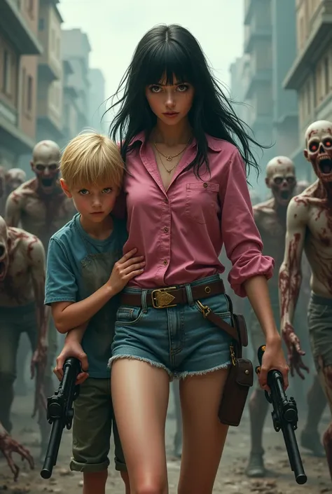 Create a woman with a pink blouse and denim shorts, long black hair with bangs with guns in hands, 3 year old son, blond, slightly voluminous hair, blusa azul, the woman and the child are looking at a bunch of ugly zombies.