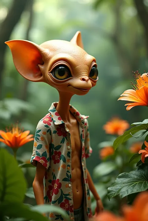 A BIG-HEADED, STUPID ET in a lush tropical garden, wearing an open shirt with a floral print, with a close-up capturing the harmonious beauty between her breasts and the natural flowers, showing off your natural charm and outgoing personality.