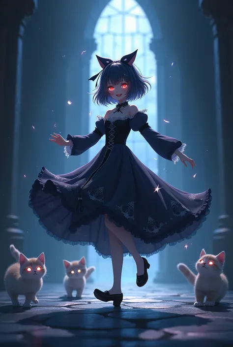 Anime girl in gothic dress is dancing in the middle of dark and mystical gothic castle. Her eyes are shining because there are bright yellow star shaped reflections in them. Nearby there are kittens who are playing with each other. Girl’s eyes are shining ...