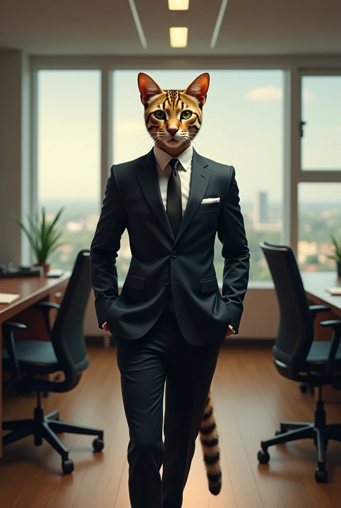 Picture of a Savannah cat , office, He wears a suit , Full body picture, Detailed face, Looking at the camera, painting, 8K Ultra HD, High quality