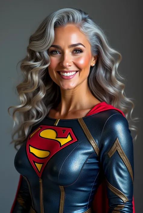 A beautiful youthful looking American version of Ariana Grande as a 50 years old woman with long her completely gray hair in a big curls styles as a retired superhero wearing her costume suit witch looks like a comic superhero suit again for a photoshoot s...