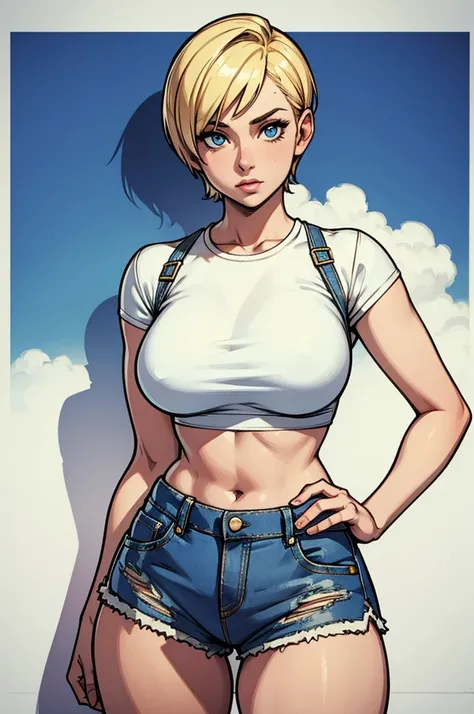 Blonde girl with short hair, blue eyes, angle from bottom to top, girl wearing short denim shorts, wearing a blue cropped top with white details, thick thighs 