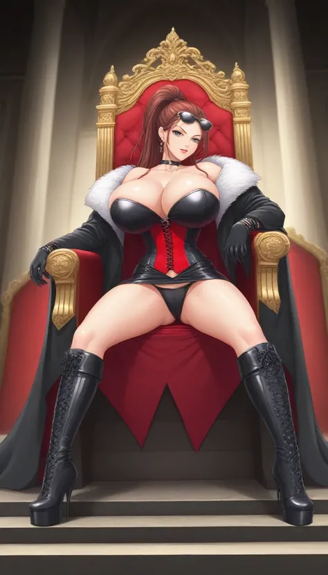 1 ponytail mistress, dominatrix girl with gigantic huge breast, corset, upper class, luxury, triad female leader, rich, glamour, sunglasses at top of her head, Known for her impeccable fashion sense and elegant demeanor, she is a true embodiment of the Ver...