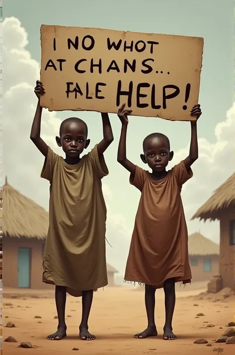 Two very thin African children holding a sign that says help