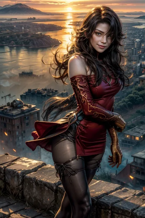 (masterpiece, best quality:1.2), cowboy shot, solo, 1girl, cinder fall, smiling, looking at viewer, long hair,  red dress, elbow gloves, pantyhose, standing on hillside, overlooking burning city, (volumetric lighting), sharp focus, hyper detailed 