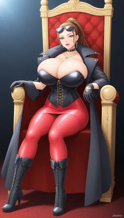 1 ponytail mistress, dominatrix girl with gigantic huge breast, corset, upper class, luxury, triad female leader, rich, glamour, sunglasses at top of her head, Known for her impeccable fashion sense and elegant demeanor, she is a true embodiment of the Ver...