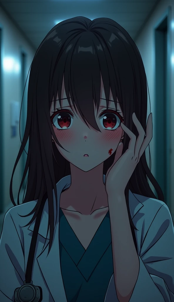 "Create a close-up anime-style image of a young 24-year-old girl in a dimly lit hospital corridor. She appears deeply sad, with visible signs of distress on her face, where faint traces of blood are seen. Her long hair falls over her shoulders, slightly di...