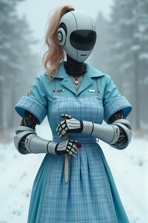 A hudge, strong, badass and sexy medicine girl robot with a blue gingham apron
Snowy background 