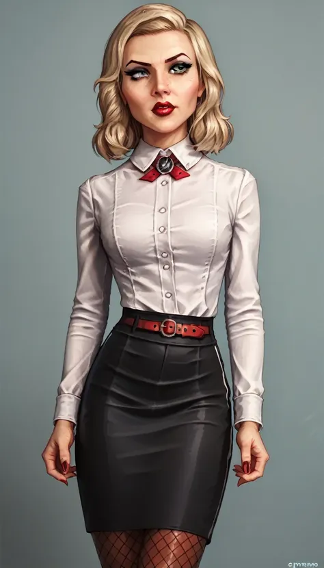 3l1z4b3th_bas, headless, white shirt, black pencil skirt, red lipstick, makeup, pantyhose, belt, fishnet pattern pantyhose