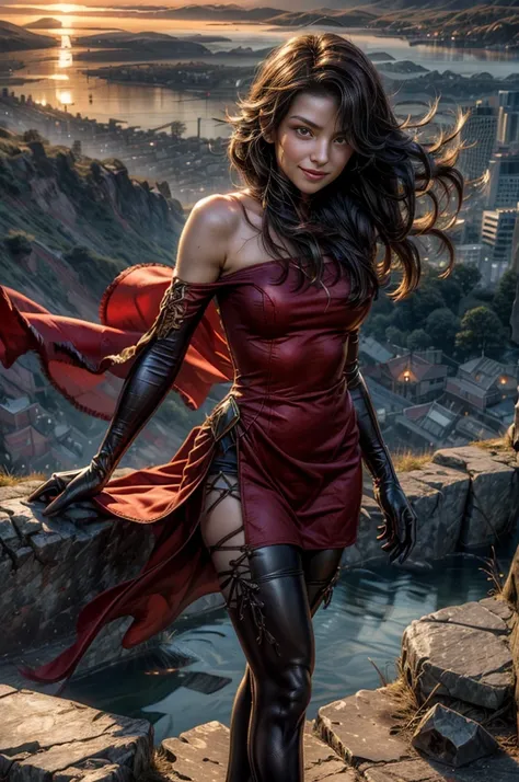 (masterpiece, best quality:1.2), cowboy shot, solo, 1girl, cinder fall, smiling, looking at viewer, long hair,  red dress, elbow gloves, pantyhose, standing on hillside, overlooking burning city, (volumetric lighting), sharp focus, hyper detailed 