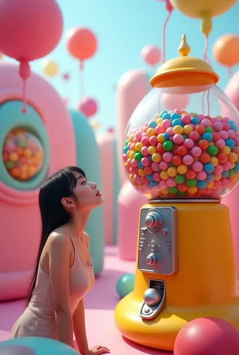 Gumball machine and a female kpop idol looking at it in awe 