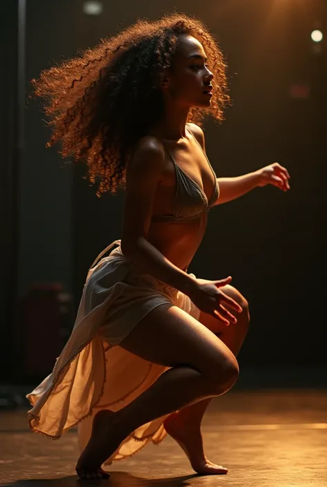 A jazz dancer with curly hair injured