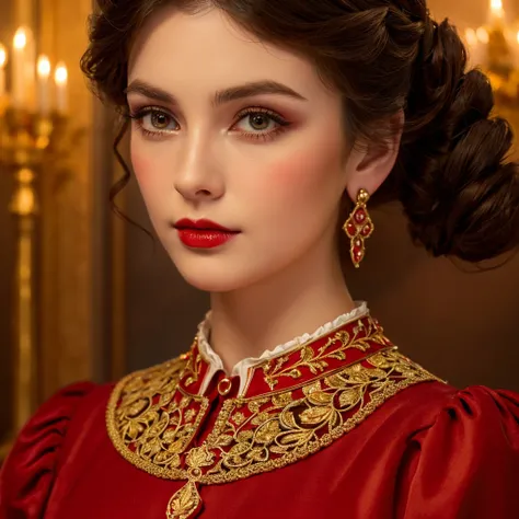 a beautiful young woman in a red dress, detailed face and eyes, red lips, long eyelashes, victorian era dress, ornate patterns, high collar, detailed lace, period jewelry, opulent gold accents, intricate hairstyle, dramatic lighting, chiaroscuro, renaissan...