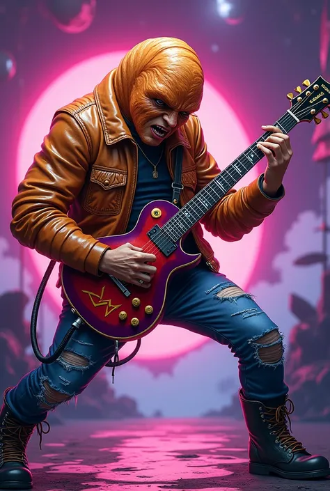 Croissant is playing metal song on the guitar. Everything is in anime style.