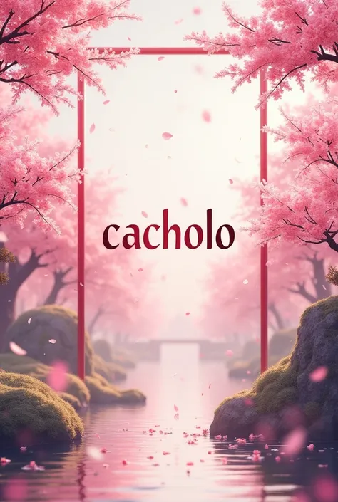 Make a banner in the middle with the word cacholo written on it and in the background a place in China sakura with falling petula image lying down 