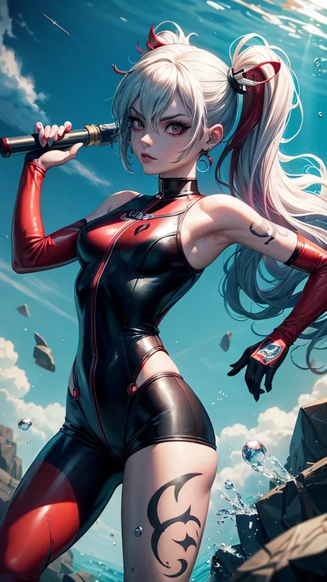 tattoo girl, very beautiful, murderous, Harley Quinn
Equipment: Spear gun, bubbles around
Attire: black and red Streamlined wetsuit with utility belt
Emotional Look: Fierce, holding breath and aiming
Camera View: Underwater shot, capturing the fluid motion