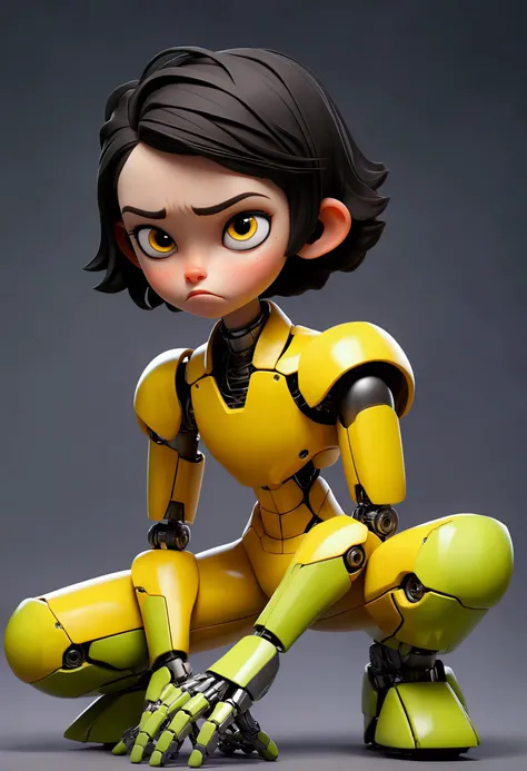 16 year old girl, blind, with a very serious face, His hands are big and robotic, so it can hit., yellow and green clothes, very white and light skin, Dull grey eyes, very dark black short hair, and robotic shoes