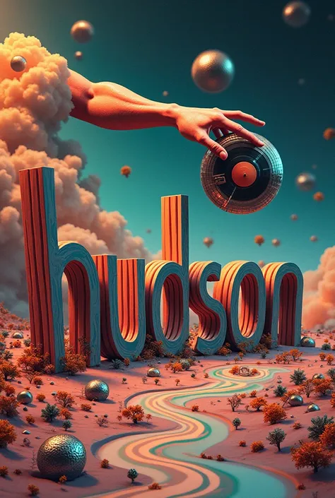 create an art with the word "HUDSON" wich the letter S becomes an arm and the letter O becomes a vinil disco

