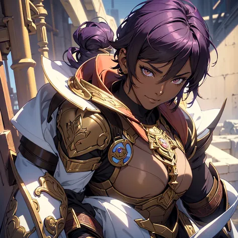 （short cuts hair:1.5)、an anime character in sexy armor having a photo shoot, (brown skin, dark skin:1.6), （purple hair：1.5）、anim...