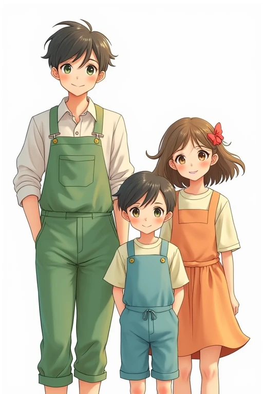 Anime-style refreshing cute young men and women in green long-sleeved casual overalls on a white background