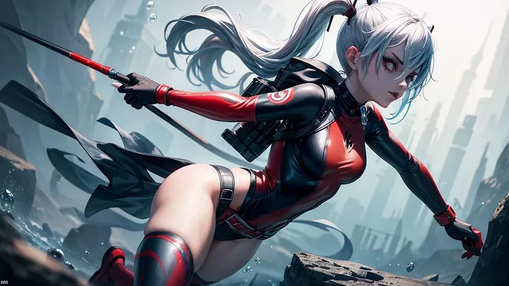 tattoo girl, very beautiful, murderous, Harley Quinn
Equipment: Spear gun, bubbles around
Attire: black and red Streamlined wetsuit with utility belt
Emotional Look: Fierce, holding breath and aiming
Camera View: Underwater shot, capturing the fluid motion