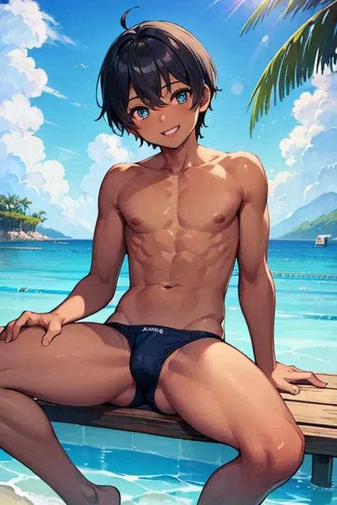 ((((masterpiece)))), high quality, perfect face,(best quality), expressive eyes, shirtless, cute 12yo boy,((happy)),((smile)), ((blue swimming brief)), (dark skin), peace sign, black hairShort hair, sit on beach