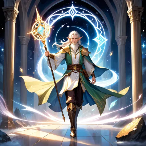 Masterpiece, Extremely detailed, best quality, photorealistic, magnificent, celestial, ethereal, epic, majestic, magical, fantasy art, cover art, dreamy, full body shot, BREAK, ethereal fantasy concept art of a brave male elf dnd wizard., staff in right ha...